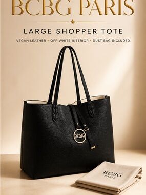 BCBG Paris Black Vegan Leather Large Shopper Tote with Gold Logo Charm